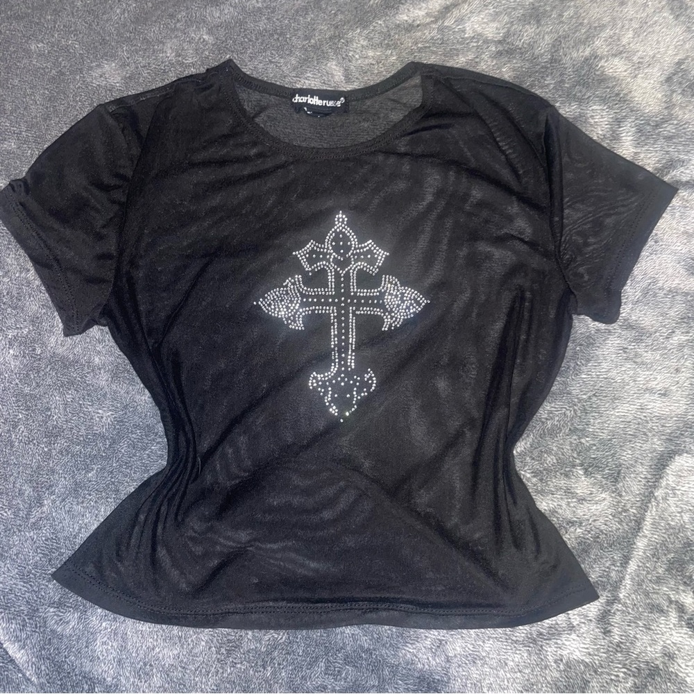 Christian Audigier Black Sheer Tee with Rhinestone Cross